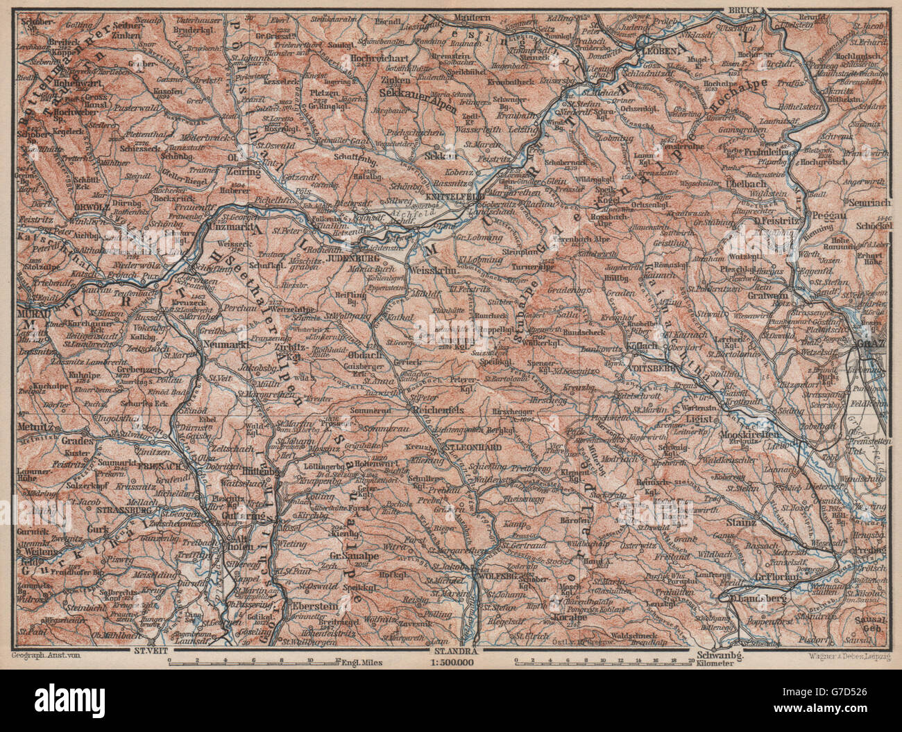 STYRIAN & CARINTHIAN ALPS. Murau Graz Murtal Leoben Wolfsburg. Austria, 1896 map Stock Photo