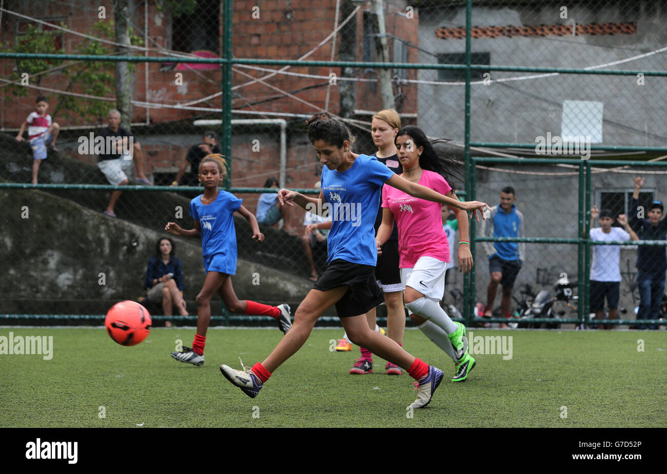 Rio De Janeiro, Brazil views of daily life in Rocinha Favela with the women's football tournament Stock Photo