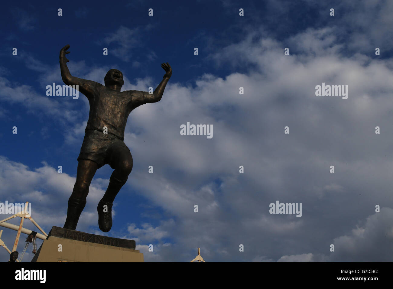 Former Botafogo footballer Jairzinho's statue outside J. Havelange Olympic Stadium host for the Rio Olympics 2016 under construction known locally as the 'Engenhao' (after the Engenho de Dentro neighborhood in which it is located) which will stage the athletics track and field events during the Olympic and Paralympic Games. Stock Photo