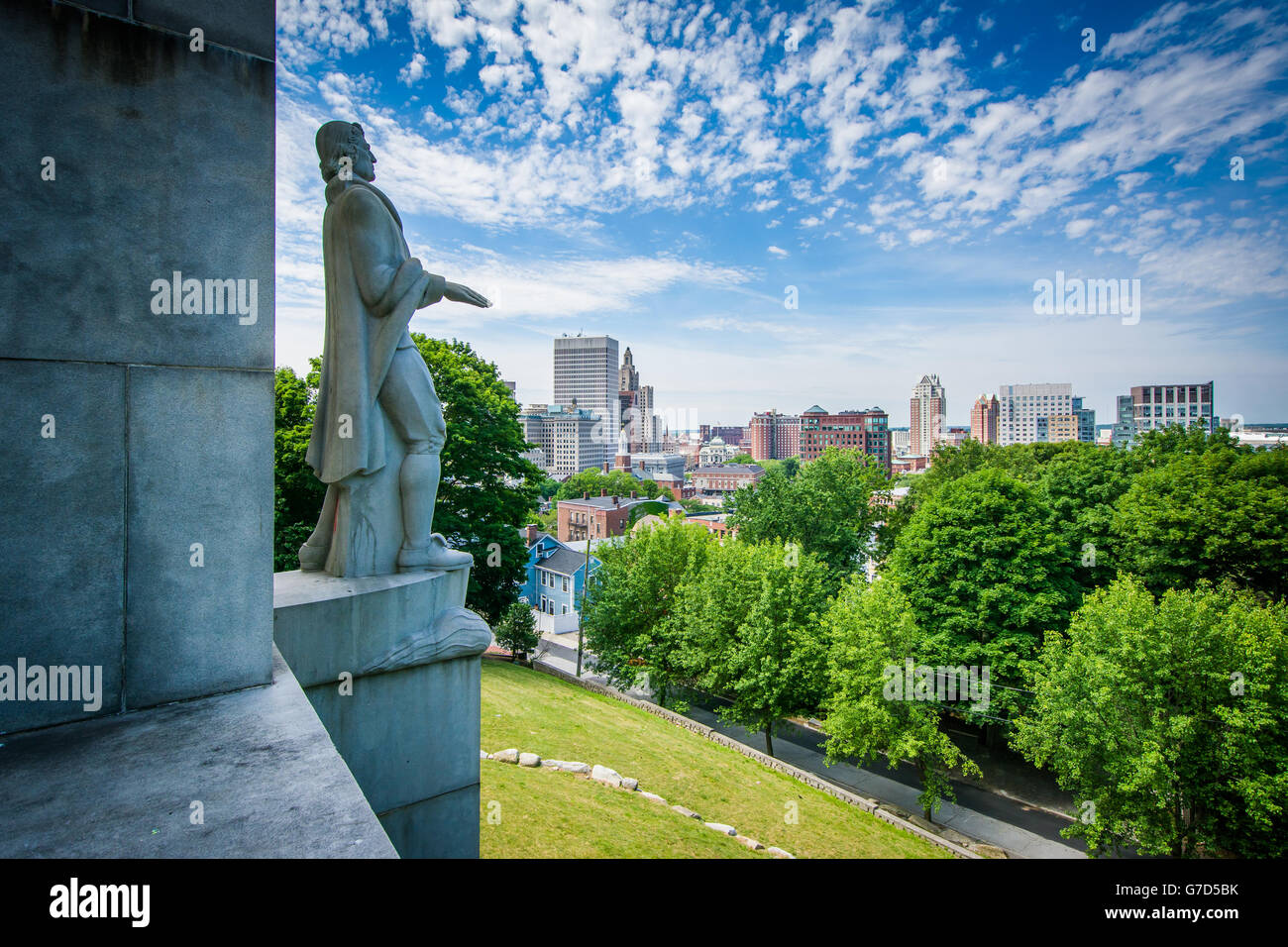 The Roger Williams Monument and view of the Providence Skyline from Prospect Terrace Park, in Providence, Rhode Island. Stock Photo