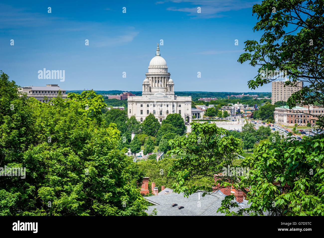 View of the Rhode Island State House from Prospect Terrace Park, in Providence, Rhode Island. Stock Photo