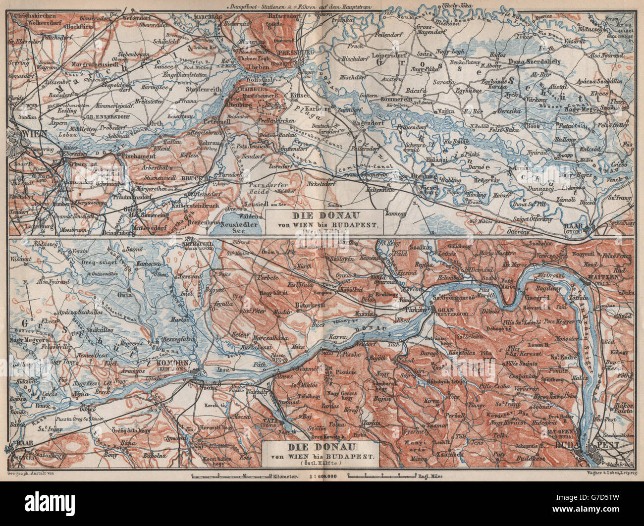 DANUBE DONAU RIVER. Vienna/Wien-Bratislava-Estergom-Vac-Budapest karte,  1896 map Stock Photo - Alamy