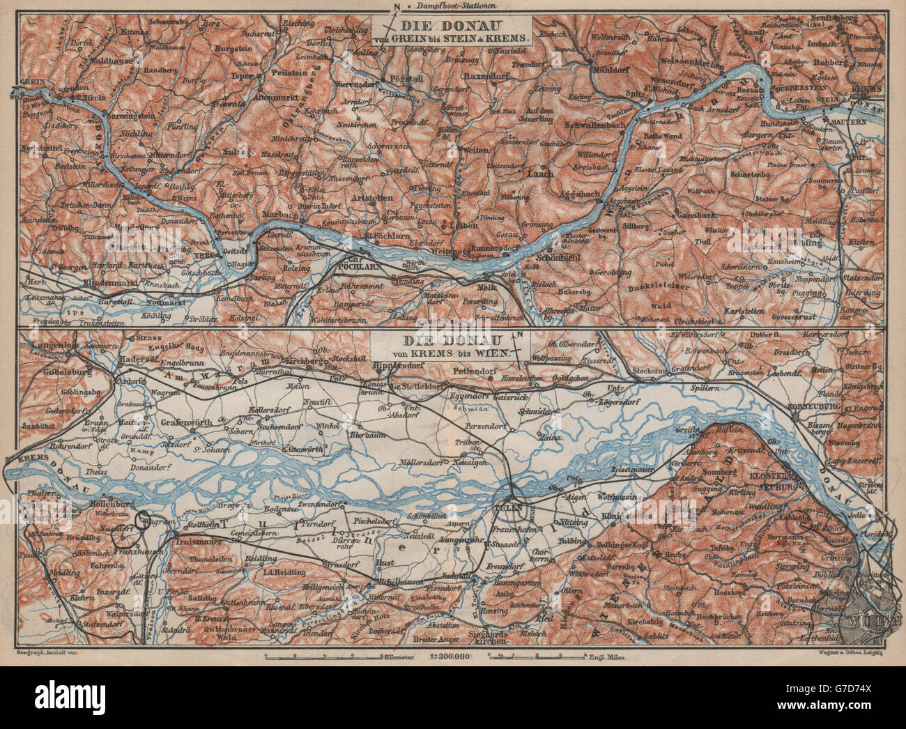 DANUBE DONAU RIVER. Grein-Ybbs-Pochlarn-Melk-Spitz-Krems. Austria, 1905 map Stock Photo