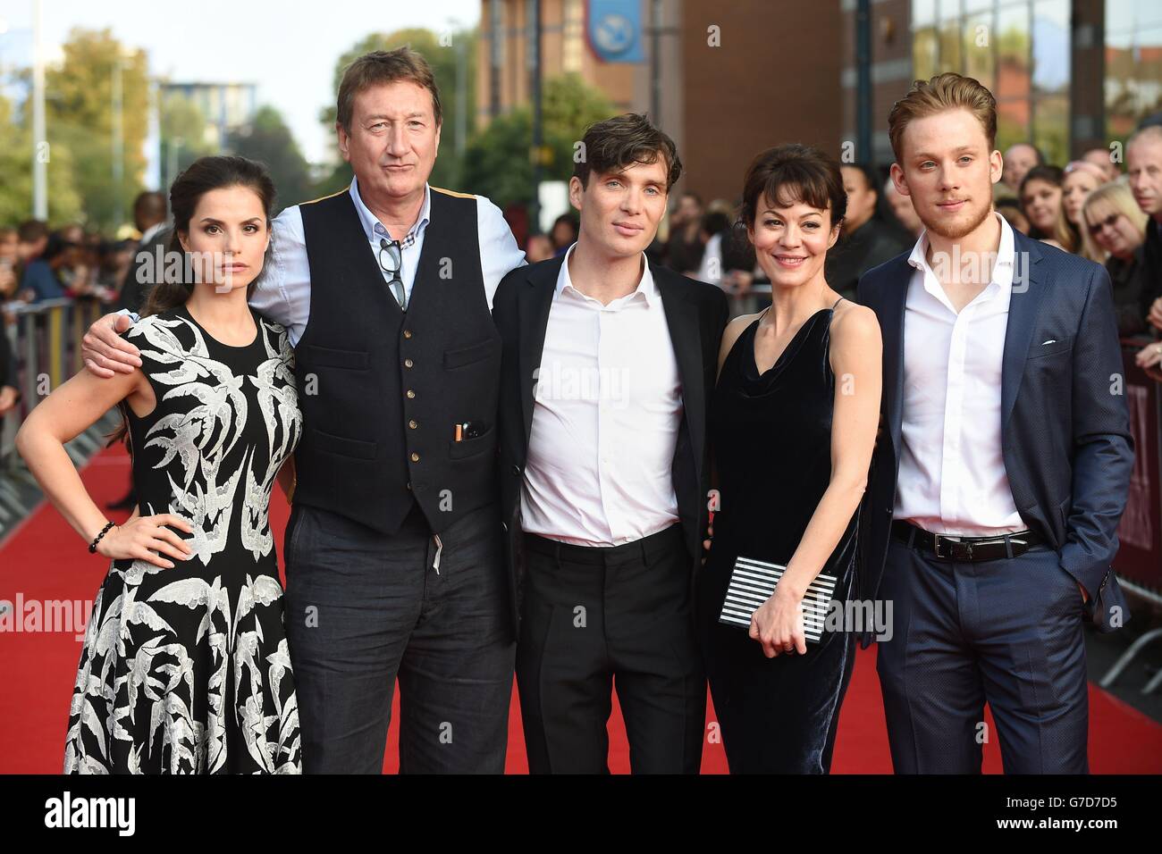 (left to right) Charlotte Riley, writer Steven Knight, Cillian Murphy, Helen McCrory and Joe Cole at the premiere of Peaky Blinders: Series 2 at Broad Street Cineworld, Birmingham. Stock Photo