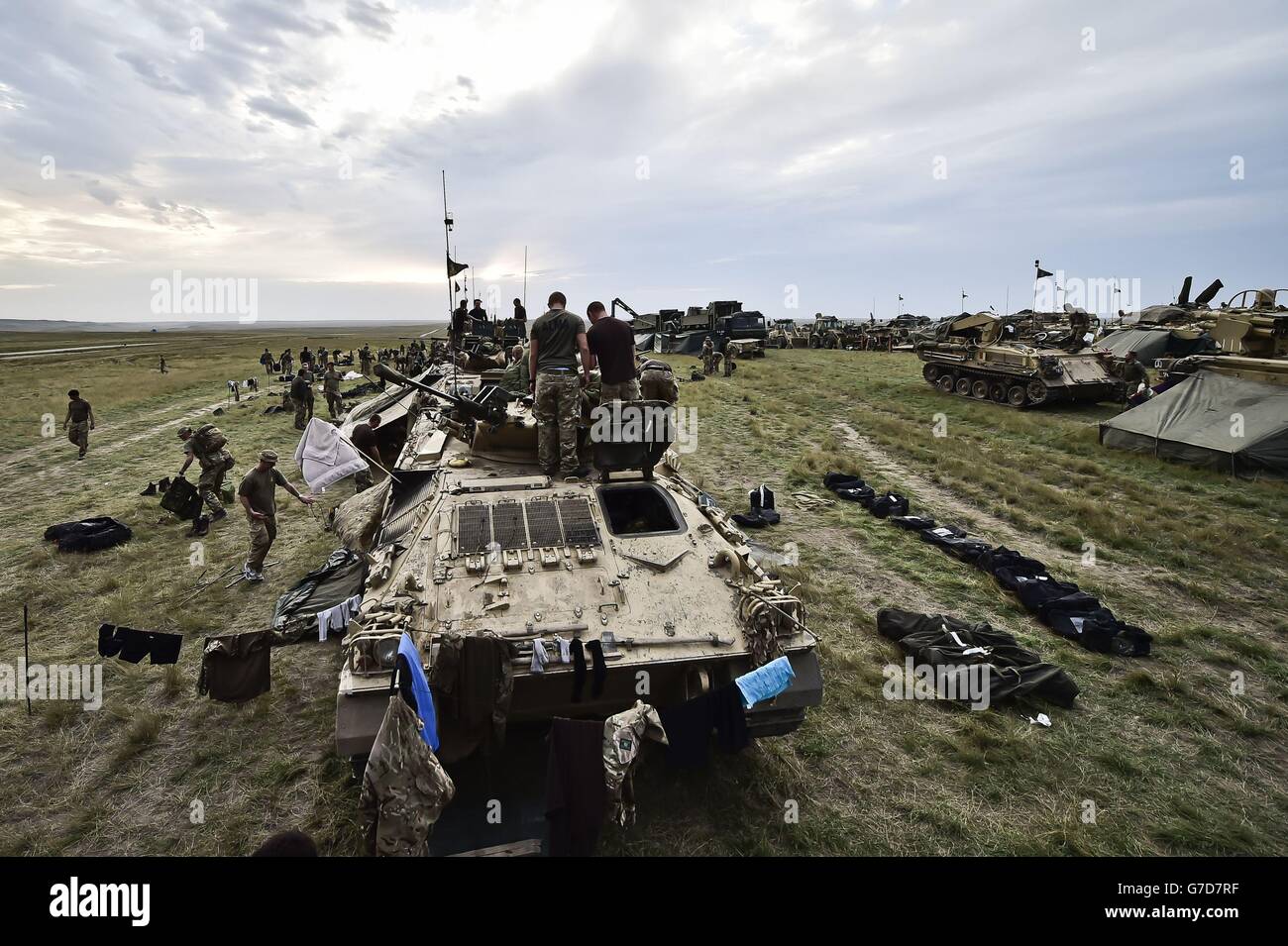 Previously unreleased picture dated 19/09/14 of soldiers from 1 Yorks maintaining their armoured vehicles during some down time while on exercise Prarie Storm, about 1,000 soldiers are training on a mock battlefield in Suffield, Canada, as part of the British Army's biggest training exercise of the year. Stock Photo