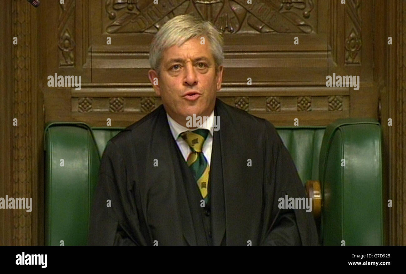 Commons speaker John Bercow announces the vote as MPs have backed Government plans to join air strikes against Islamic State (IS) in Iraq by 524 to 43, majority 481, after more than six hours of debate in an emergency recall of Parliament. Stock Photo