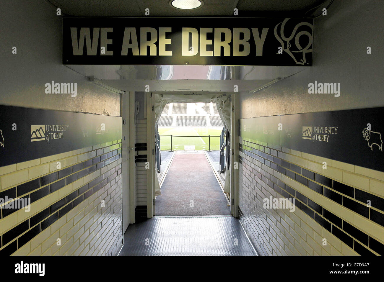 Soccer - Capital One Cup - Third Round - Derby County v Reading - iPro Stadium. A view to the pitch from the iPro Stadium tunnel Stock Photo