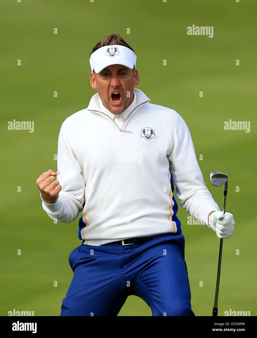 Europe's Ian Poulter reacts after chipping in from off the green during day two of the 40th Ryder Cup at Gleneagles Golf Course, Perthshire. Stock Photo