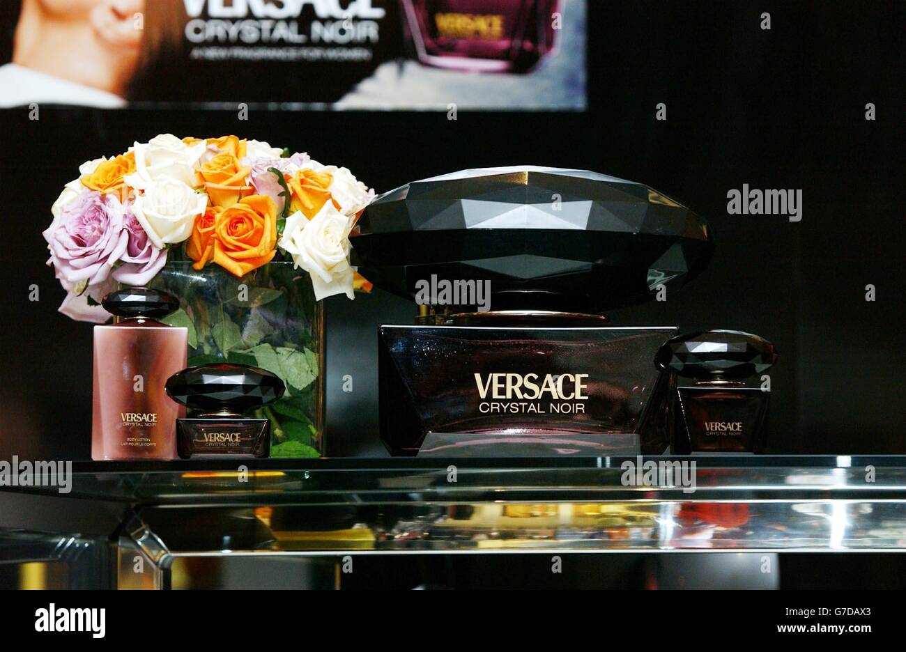 The new fragrance Crystal Noir, launched by fashion designer Donatella Versace at Harrods in central London. Stock Photo
