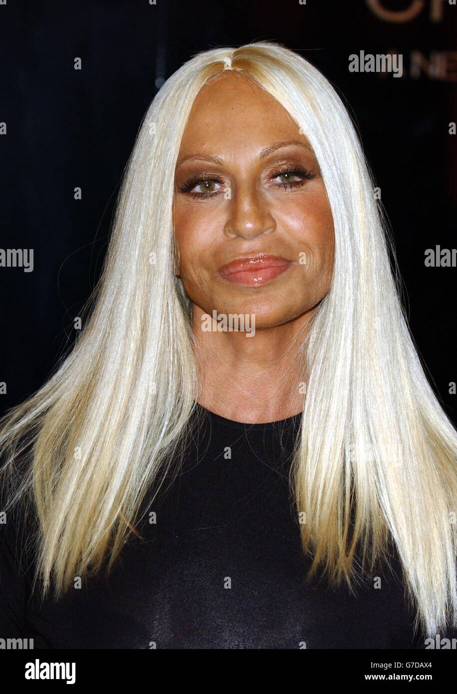 Fashion designer Donatella Versace during the launch her new fragrance Crystal Noir held at Harrods in central London. Stock Photo