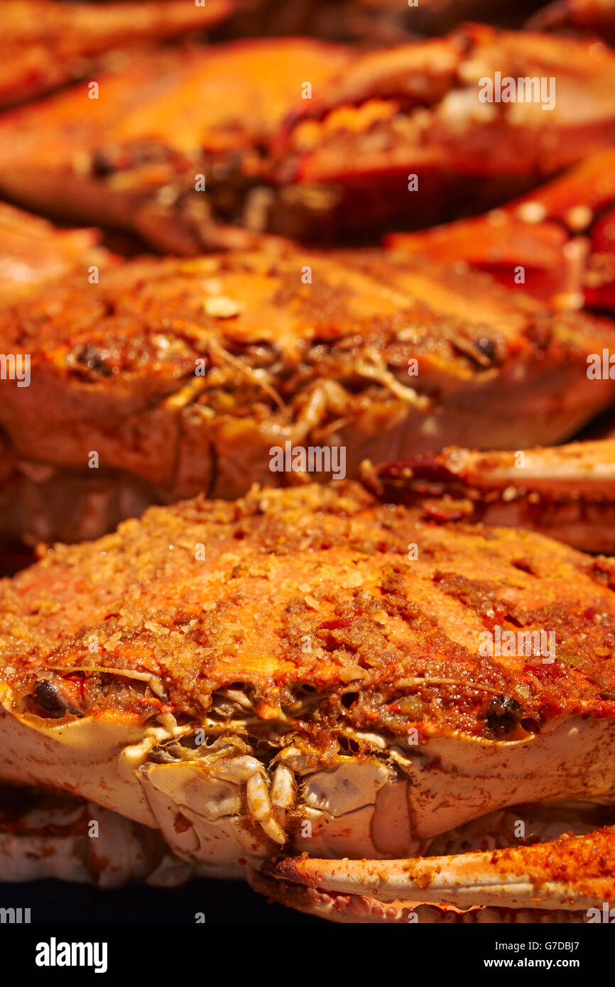 Steamed blue crabs at a Maryland, USA crab shack. They're blue before