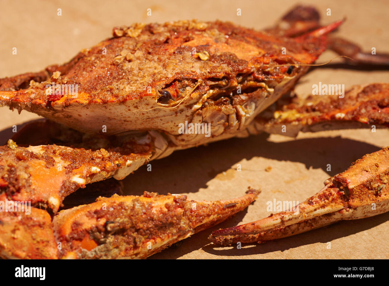 Steamed blue crabs at a Maryland, USA crab shack. They're blue before