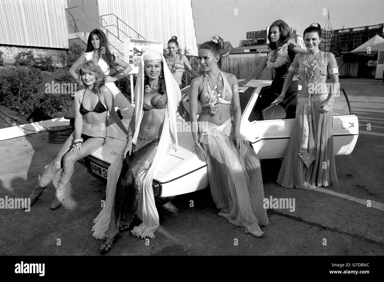 Caroline Munro (back left) and Valerie Leon (Back,2nd Right) are amongst the actresses appearing in The Spy Who Loved Me, which is being filmed at Pinewood Studios. Stock Photo