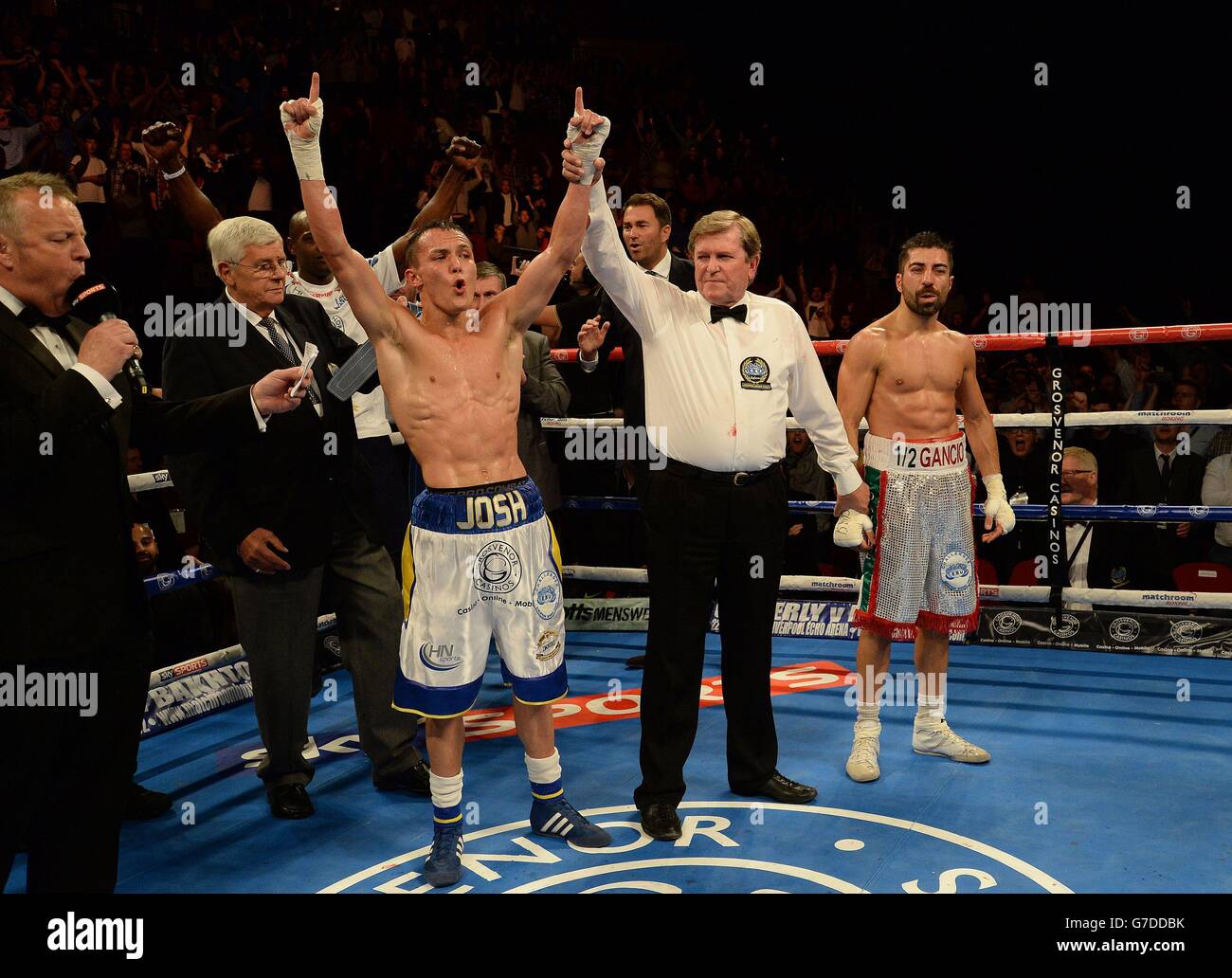 Boxing Leeds First Direct Arena. Josh Warrington celebrates his