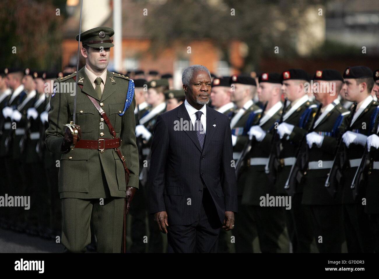 United Nations Secretary General Kofi Annan after an inspection of the Ceremonial Guard and Irish military assets at McKee Barracks, Dublin. Stock Photo