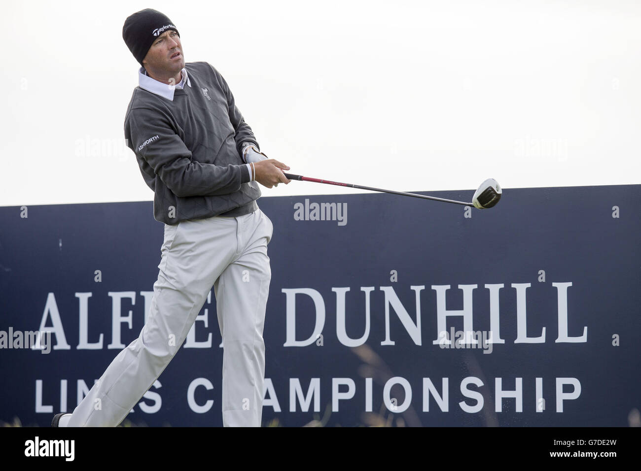 Ryan Palmer tees off at the 6th holeduring round three of the Alfred Dunhill Links Championship at St Andrews Old Course. Stock Photo