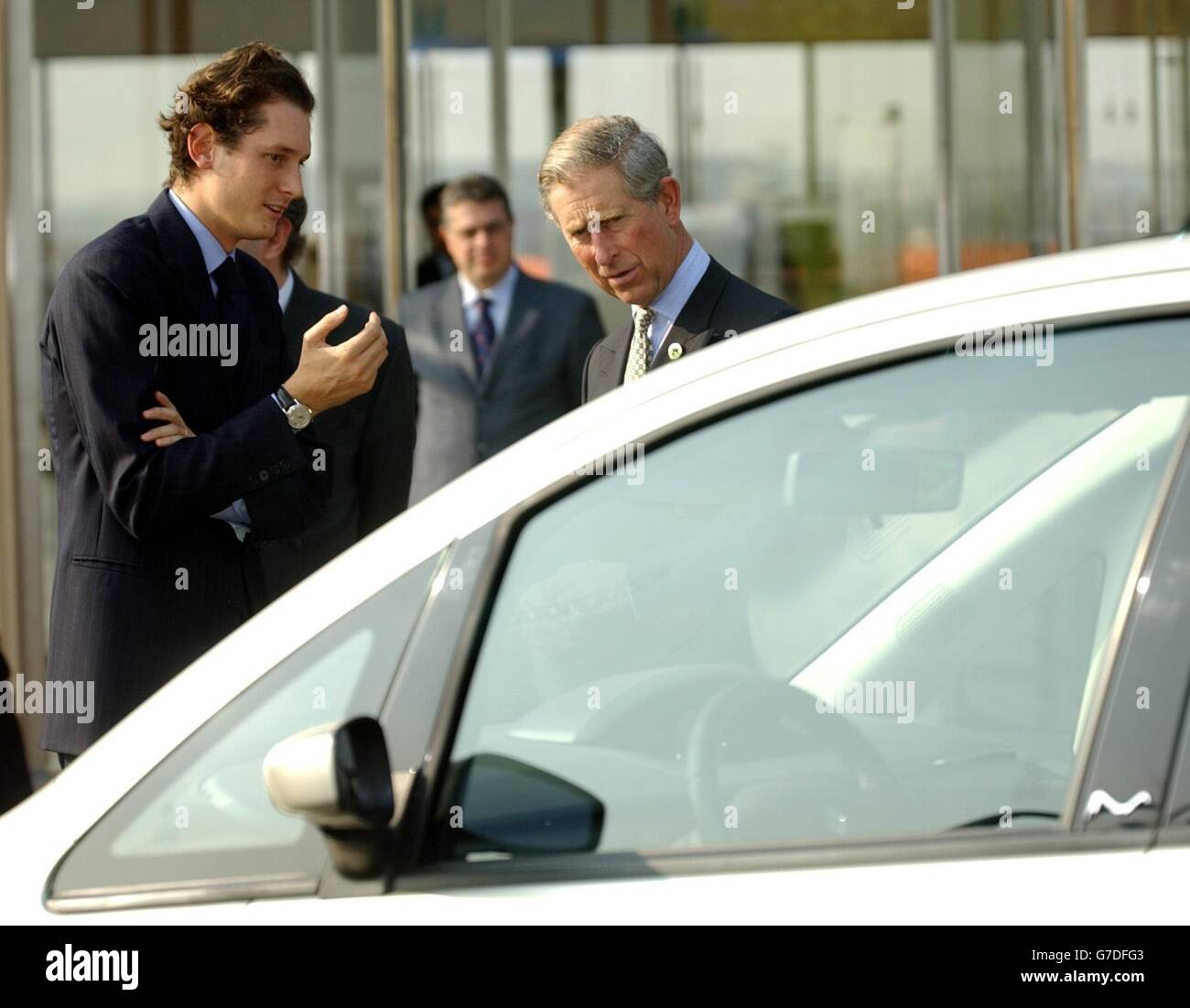 The Prince of Wales, (right) speaks to Fiat heir John Elkann while looking at a Lancia Musa at the Fiat Museum in Turin, Italy. Stock Photo