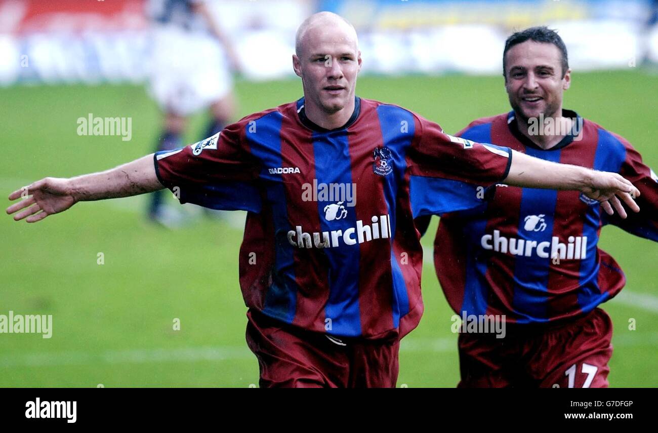 Crystal Palace's Andrew Johnson (left) celebrates after he scored the second goal against West Bromwich Albion during the Barclays Premiership match at Selhurst Park, London, Saturday October 23, 2004. Stock Photo