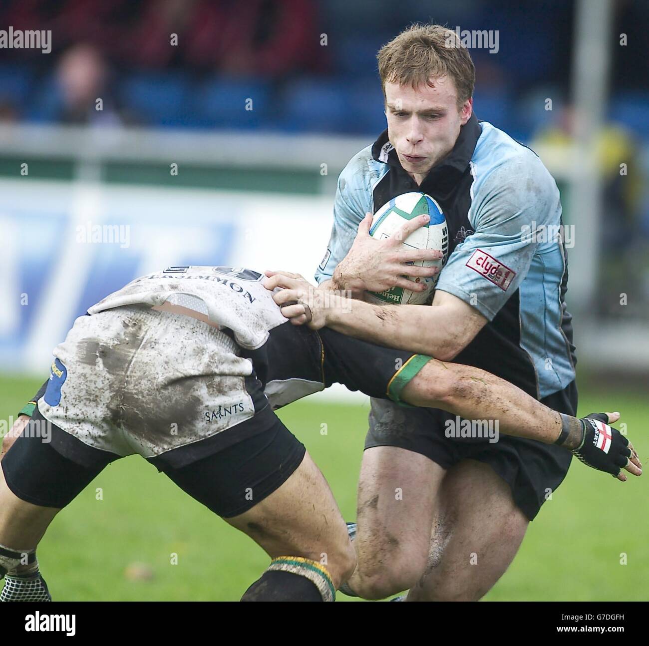 Andrew Henderson of Glasgow attempts to run pass the Northampton defence during the Heineken Cup match at Hughenden, Glasgow. Stock Photo