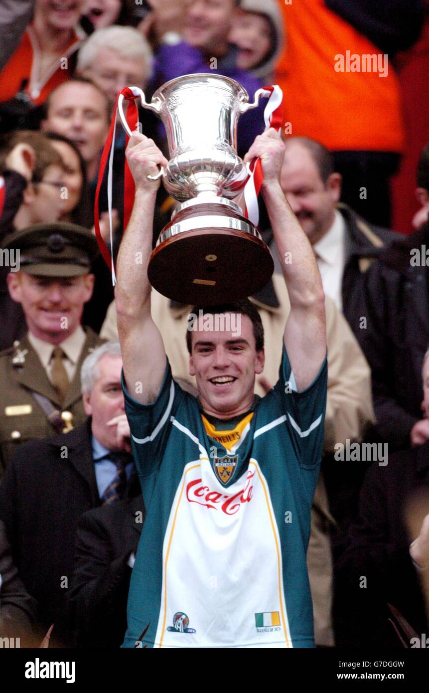 Ireland Captain Padraig Joyce Lifts The Cormac Mcanallen Cup After Winning The Second Test Against Australia In The International Rules Series At Croke Park Dublin Ireland Stock Photo Alamy