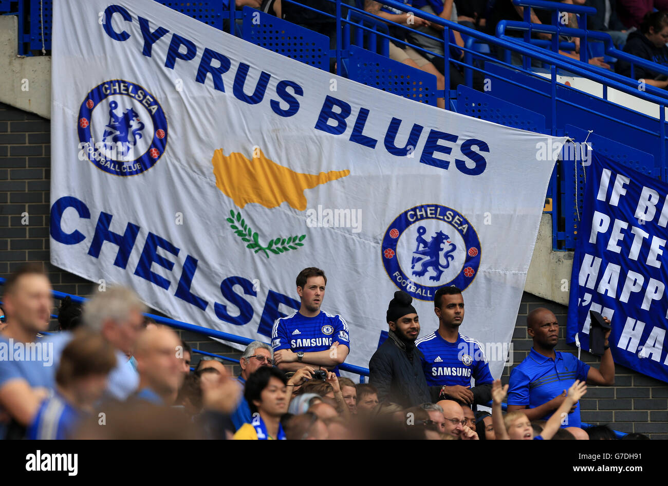 General view of Chelsea fans in front of a 'Cyprus Blues' banner