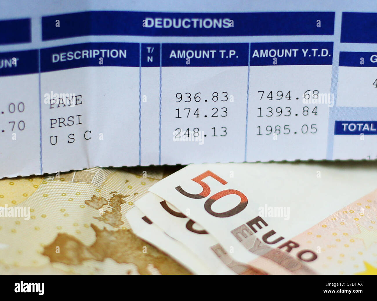 A payslip displaying tax deductions alongside 50 euro notes as Ireland's hard-pressed taxpayers are set for the first easing of austerity in seven years when tax cuts are announced in today's payback budget. Stock Photo