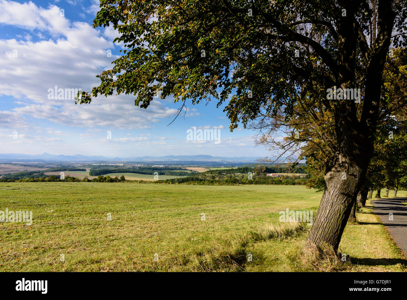 View from the foot of Říp ( Sankt Georg Berg , Georgsberg or Roudnice mountain ) direction Czech Middle Mountains, Krabčice (Kra Stock Photo