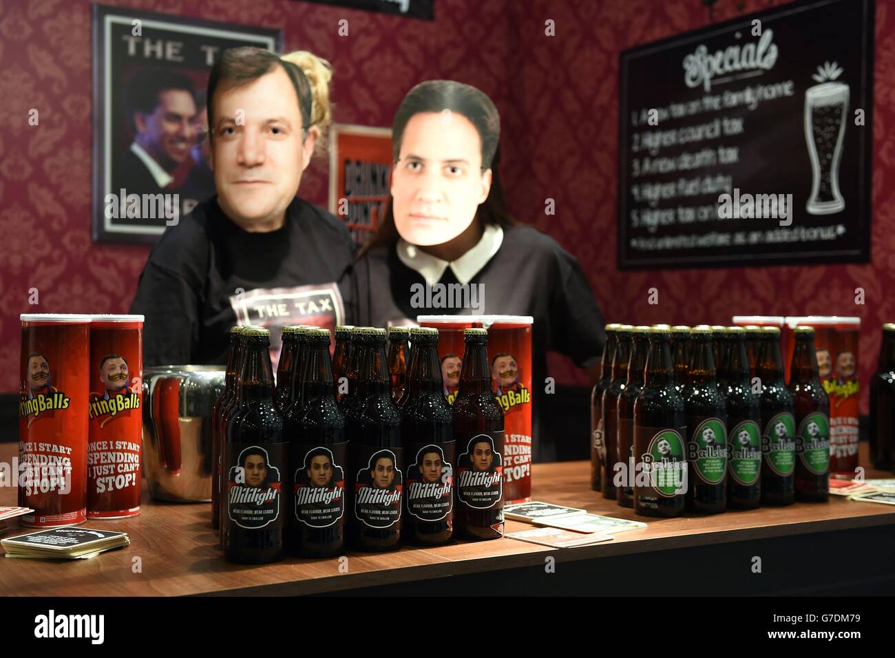 A mock up bar selling 'PringBalls', 'Mililight' beer and 'Ballsberg' lager at the ICC, ahead of the Conservative Party annual conference in Birmingham. Stock Photo