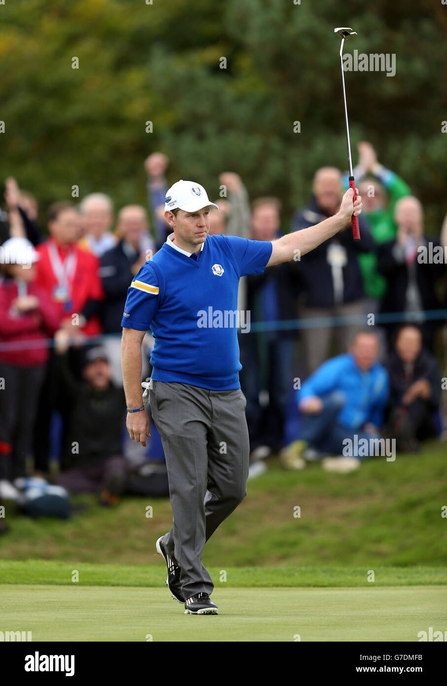 Europe's Stephen Gallacher celebrates winning the tenth hole during the
