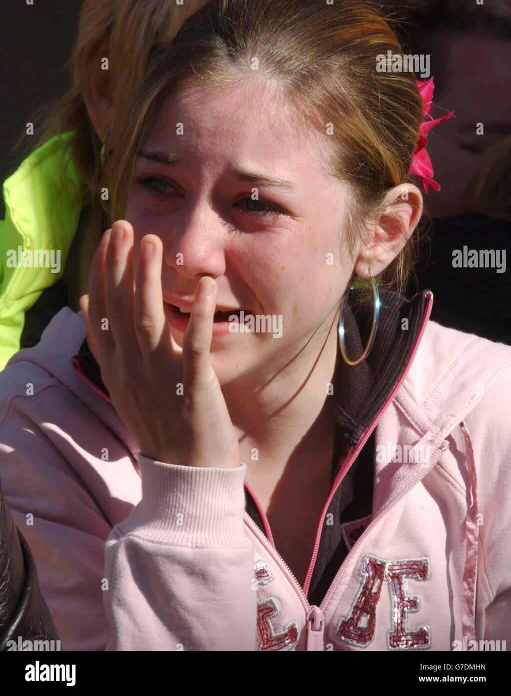 A young fan gets emotional as Irish pop group Westlife announce their new 2005 arena tour at Wembley Arena Paviliion in north London. They will be the first band to play at the temporary structure which will be used for shows while wembley arena is being refurbished. Stock Photo