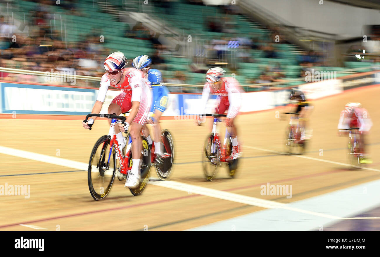 Oliver Wood (left) wins the Men's Scratch race final, during day five of the British Cycling