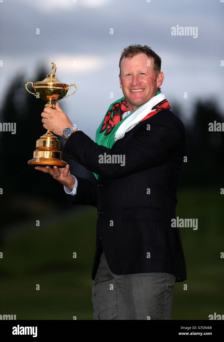 Europe's Jamie Donaldson with the Ryder Cup trophy on day three of the 40th Ryder Cup at Gleneagles Golf Course, Perthshire. Stock Photo