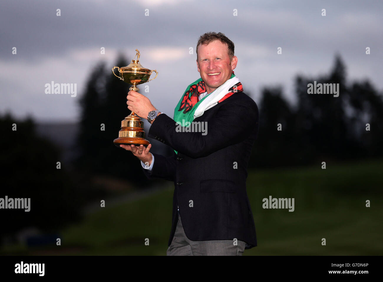 Europe's Jamie Donaldson with the Ryder Cup trophy on day three of the 40th Ryder Cup at Gleneagles Golf Course, Perthshire. Stock Photo