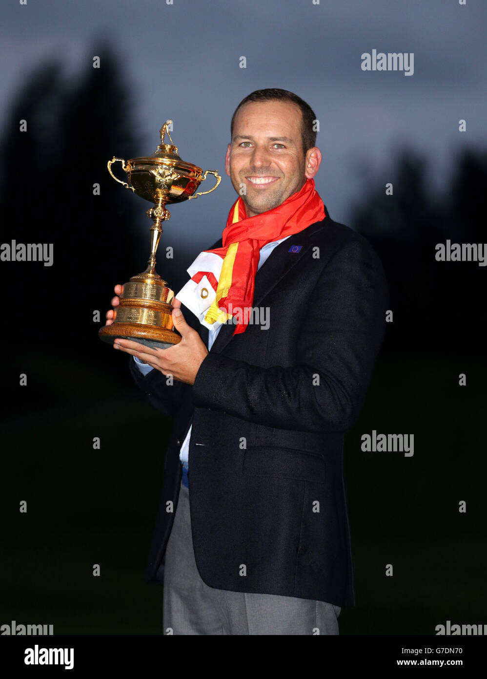 Europe's Sergio Garcia poses with the Ryder Cup on day three of the 40th Ryder Cup at Gleneagles Golf Course, Perthshire. Stock Photo