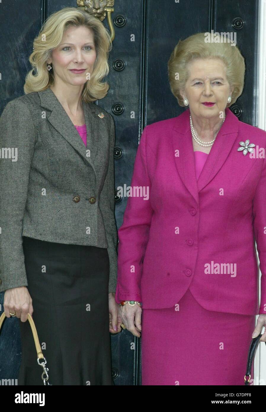 Baroness Thatcher (right) with her daughter-in-law Diane outside her home in Belgravia, London. Her son Sir Mark Thatcher has been linked with an attempted coup plot in Equatorial Guinea. Stock Photo