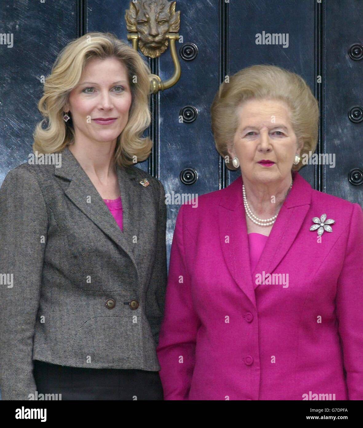 Baroness Thatcher (right) with her daughter-in-law Diane outside her home in Belgravia, London. Her son Sir Mark Thatcher has been linked with an attempted coup plot in Equatorial Guinea. Stock Photo
