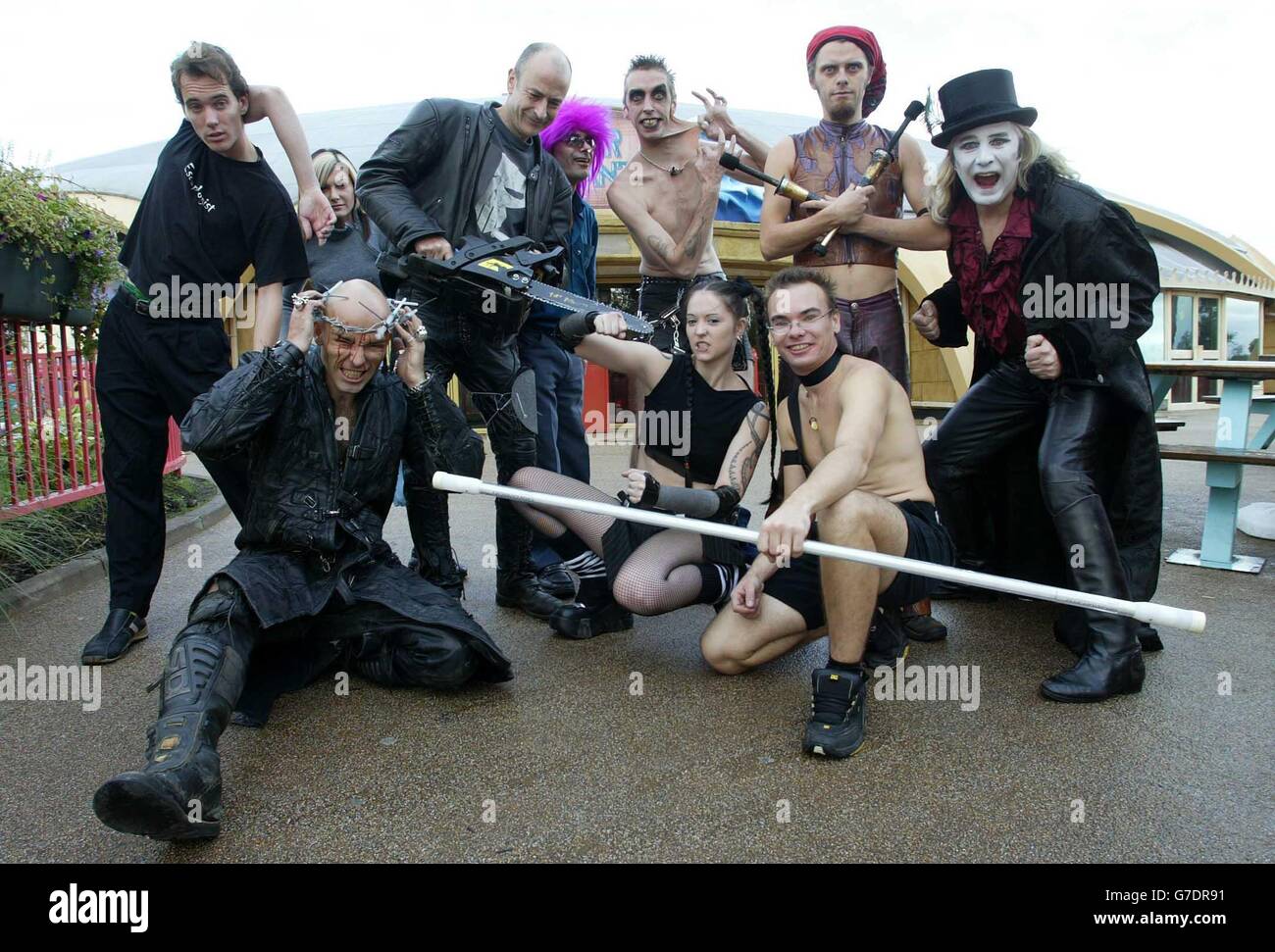 Circus of Horrors Rock & Roll ring-master Doktor Haze (far right) hosts auditions in Thorpe Park, Surrey, promote the forthcoming of Horrors Halloween Carnival of the Bizarre Stock Photo -