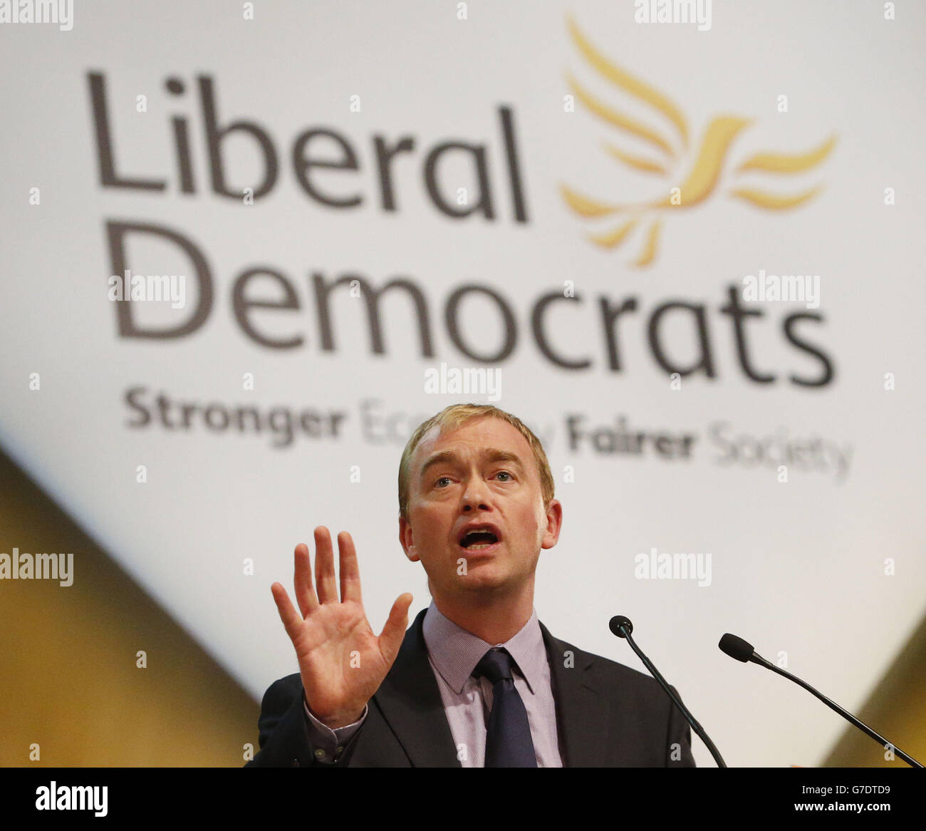 Tim Farron speaks to delegates during day four of Liberal Democrat autumn conference at the Clyde Auditorium in Glasgow, Scotland. Stock Photo