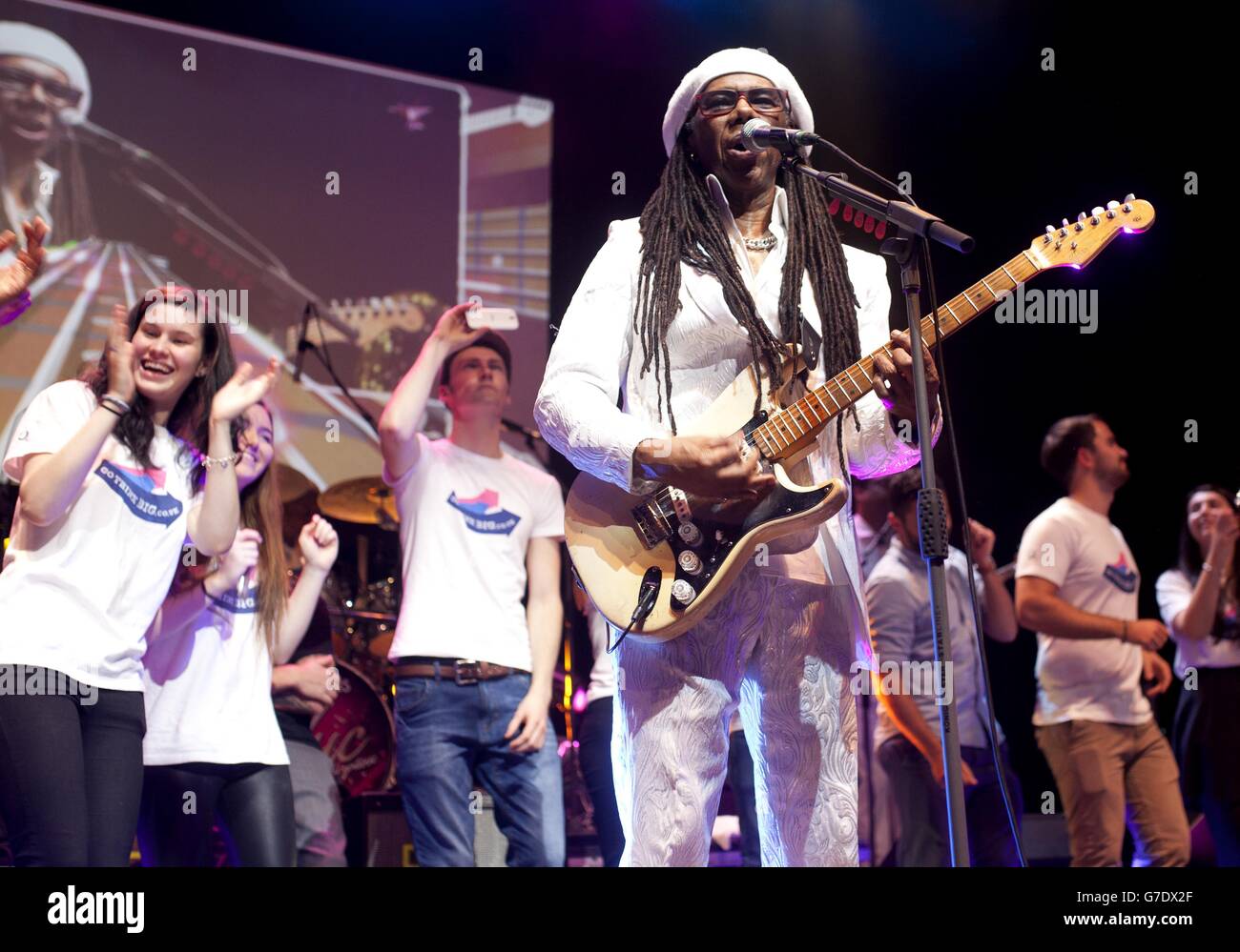 Musician Nile Rodgers performs at the IndigO2 in London ahead of the launch of CHIC Classic Le Freak remix with Rudimental and GoThinkBig - a work experience initiative launched by O2 and Bauer Media. PRESS ASSOCIATION Photo. Picture date: Thursday October 9, 2014. GoThinkBig offers young people across the country a chance to join their supergroup. Nile, Rudimental and GoThinkBig have recruited 100 young people to fill job roles in support of Le Freaks re-release, nearly 40 years after it first went to number one in the US and UK charts. Photo credit should read: David Parry/PA Wire Stock Photo