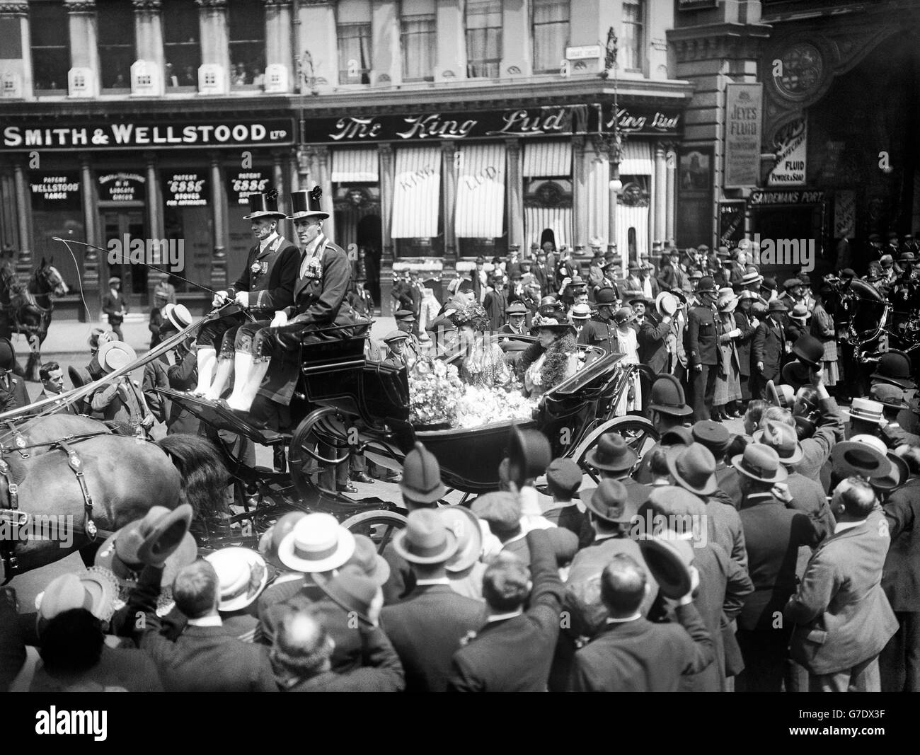 Queen Alexandra with Princess Victoria driving through London in connection with Alexandra Day. Stock Photo