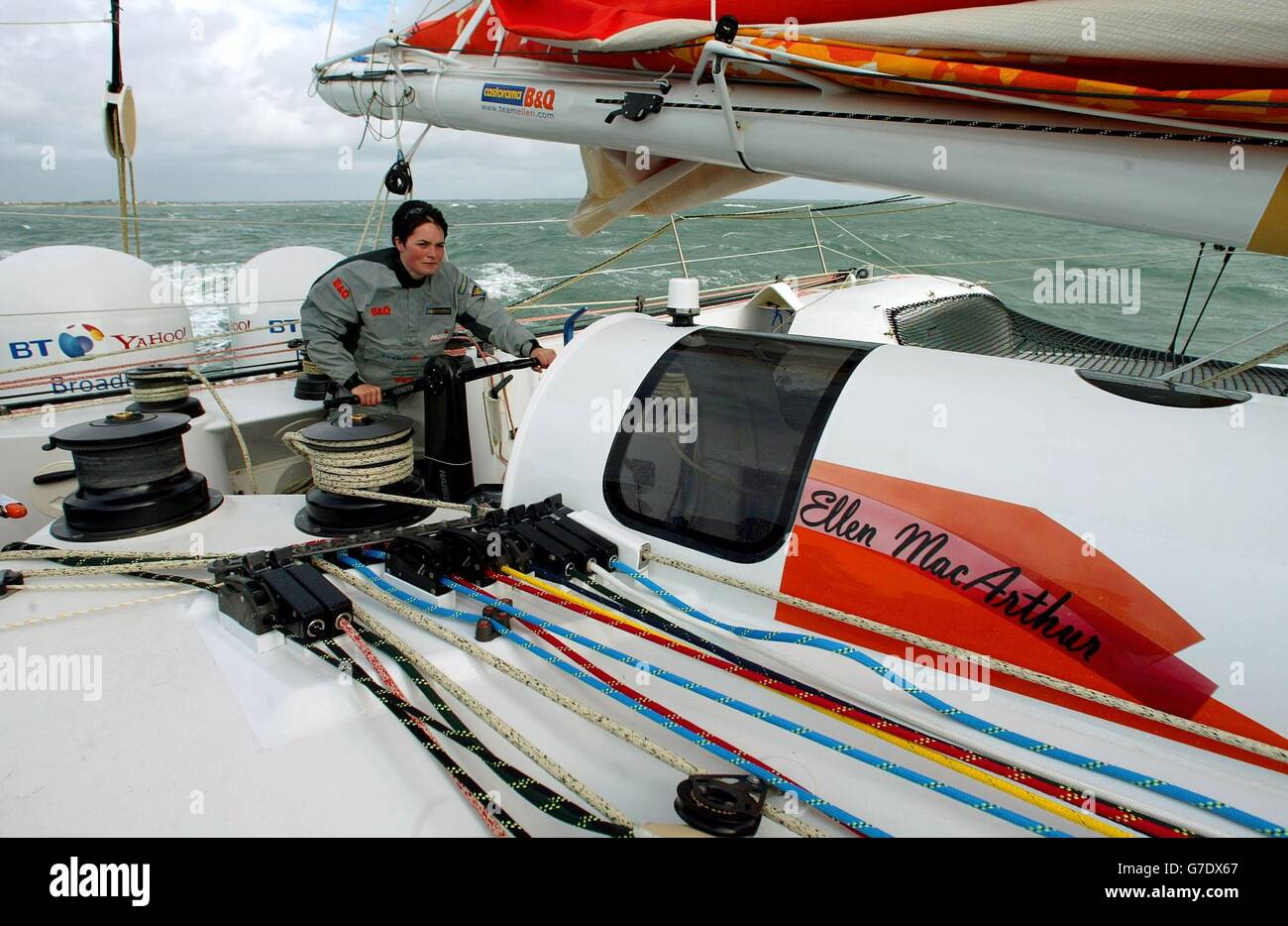 Round the world yachtswoman Ellen MacArthur sails aboard her 75ft B&Q  triamaran in Lorient, France. The boat will be her home for 70 days when  she hopes to become only the second