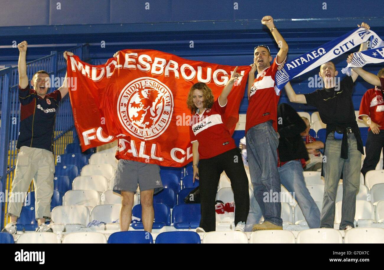 Middlesbrough fans enjoying their time in Athens before the game with Greek side Egaleo in the UEFA Cup Group E match at the Aigaleo Municipal Stadium, Athens. Stock Photo