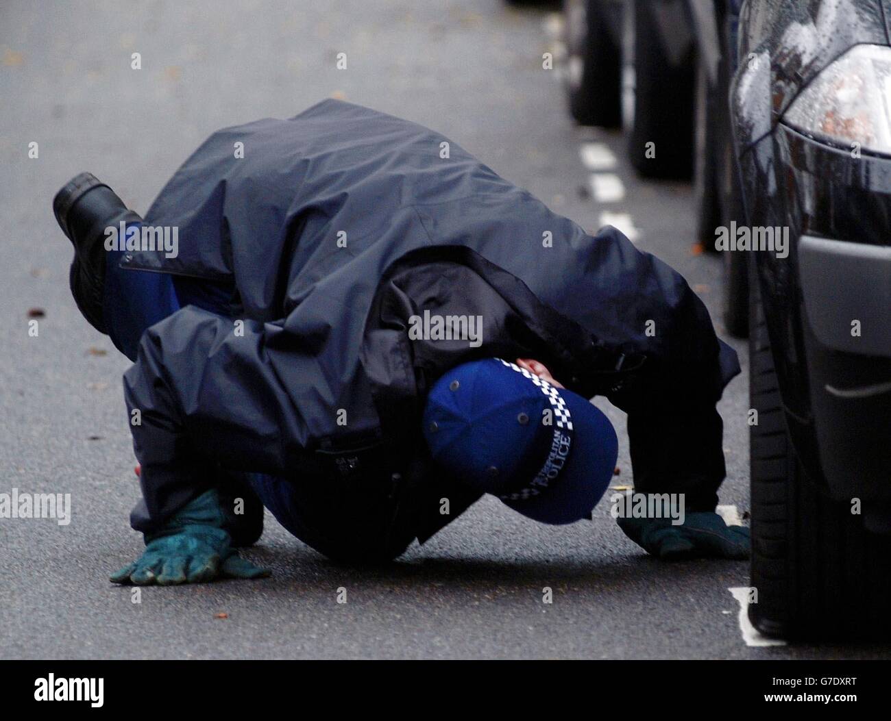 A policeman searches under a car inside a cordoned area outside a house in Airedale Avenue, Chiswick, where a man was stabbed to death when he caught a thief robbing his home. Stock Photo