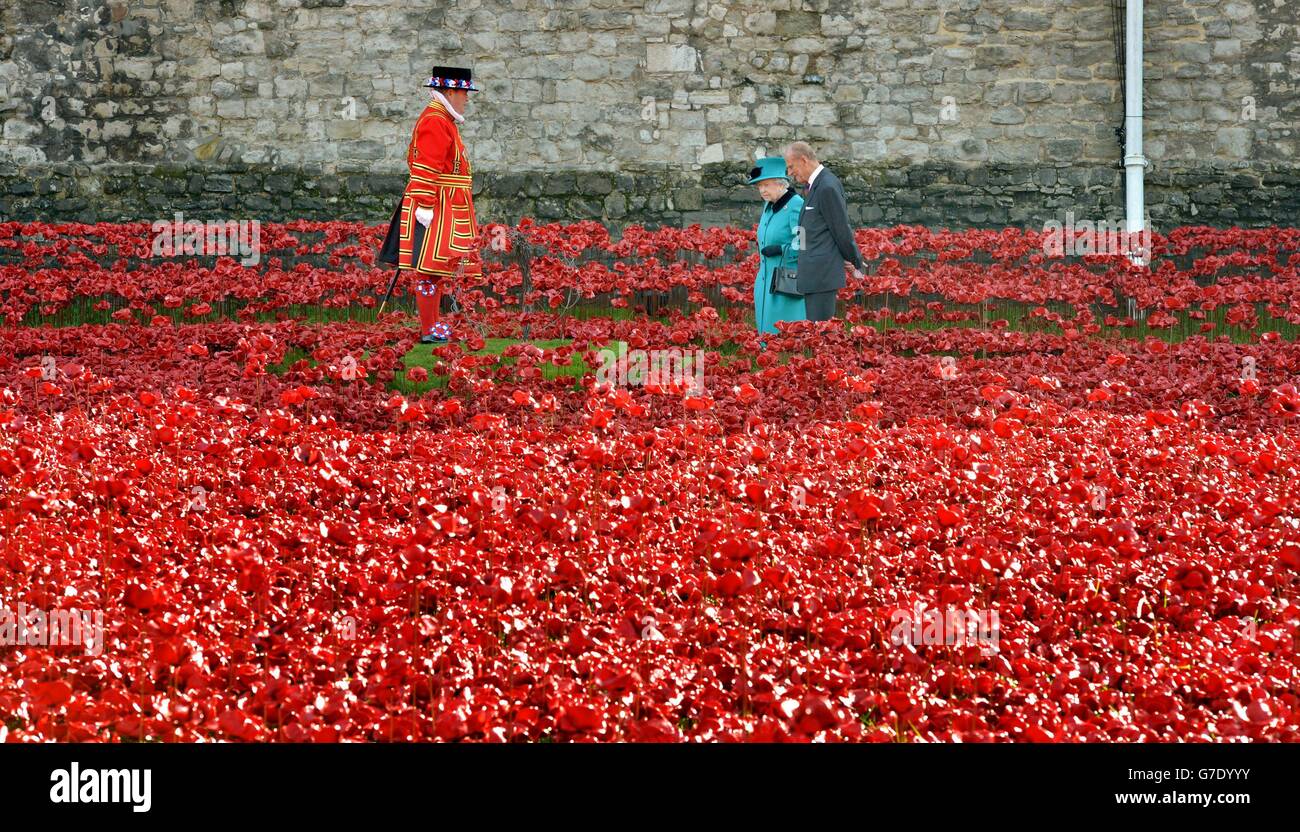 Queen elizabeth ii and tower of london poppies hires stock photography