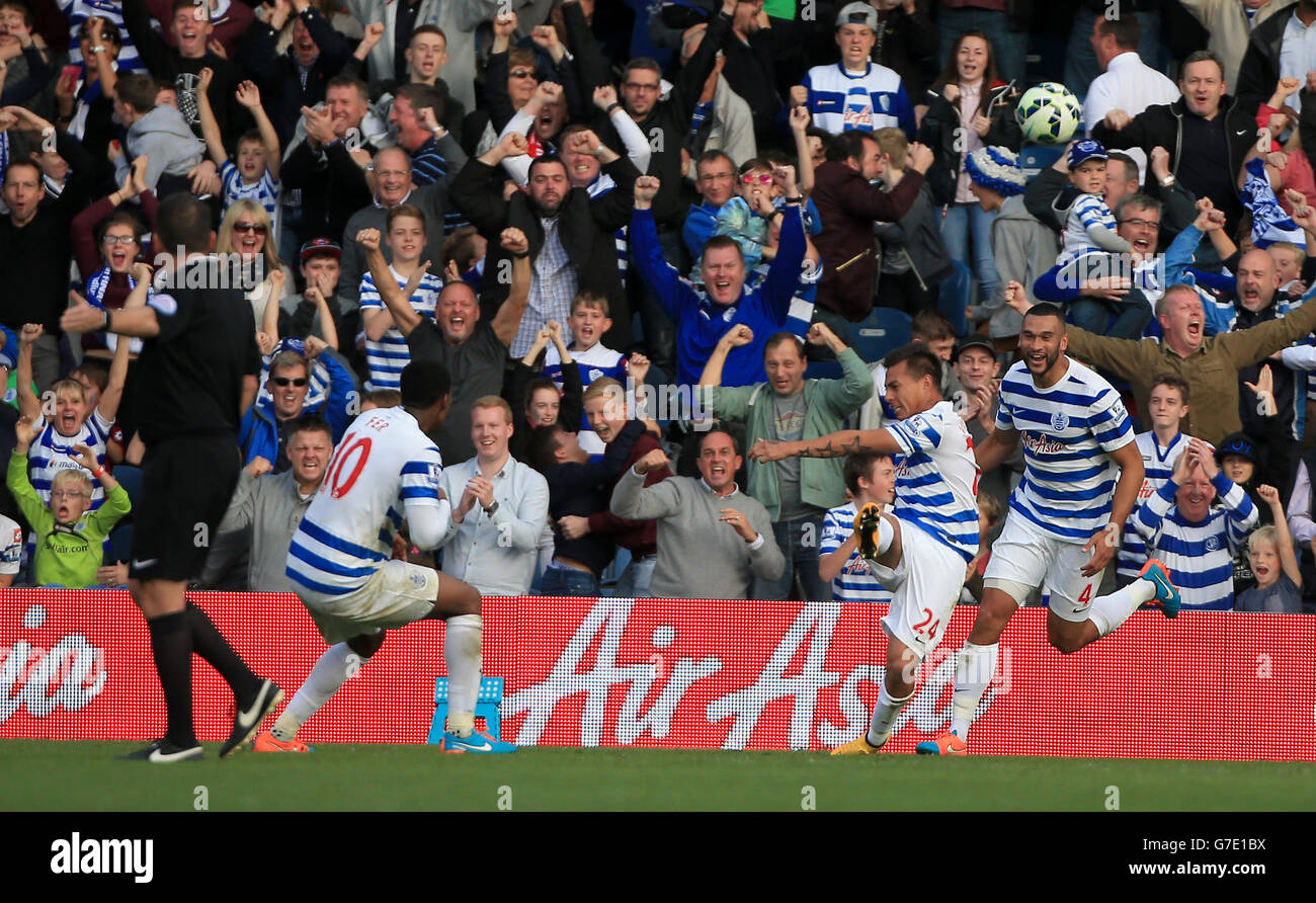 Queens Park Rangers' Eduardo Vargas celebrates scoring his sides first goal of the game during the Barclays Premier League match at Loftus Road, London. Stock Photo