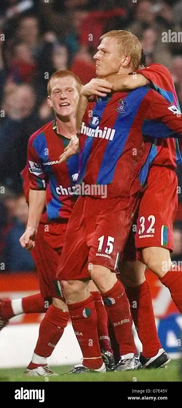 Crystal Palace's Aki Riihilahti celebrates scoring his team's equaliser against Arsenal with his team mates during the Barclays Premiership match at Selhurst Park, London. Stock Photo