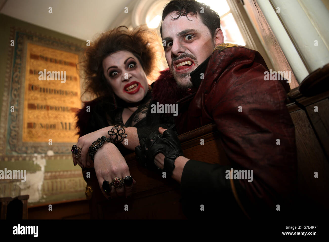 Vampires Anthony Kinahan 'Slasher' and Camille Lucy Ross 'Carmilla' in The Church Bar, Dublin, as the Bram Stoker Festival begins its four day Gothic occupation of Dublin.and his gothic novel. Stock Photo