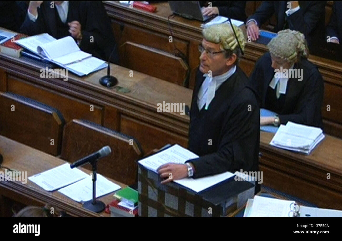 A still taken from a video feed of the filming of Max Clifford's appeal hearing of Counsel for Appellant Richard Horwell QC in the Court of Appeal, London, as the three Court of Appeal judges said they would give their decision in his case at a later date after they heard argument on his behalf against his 'too long' prison term. Stock Photo