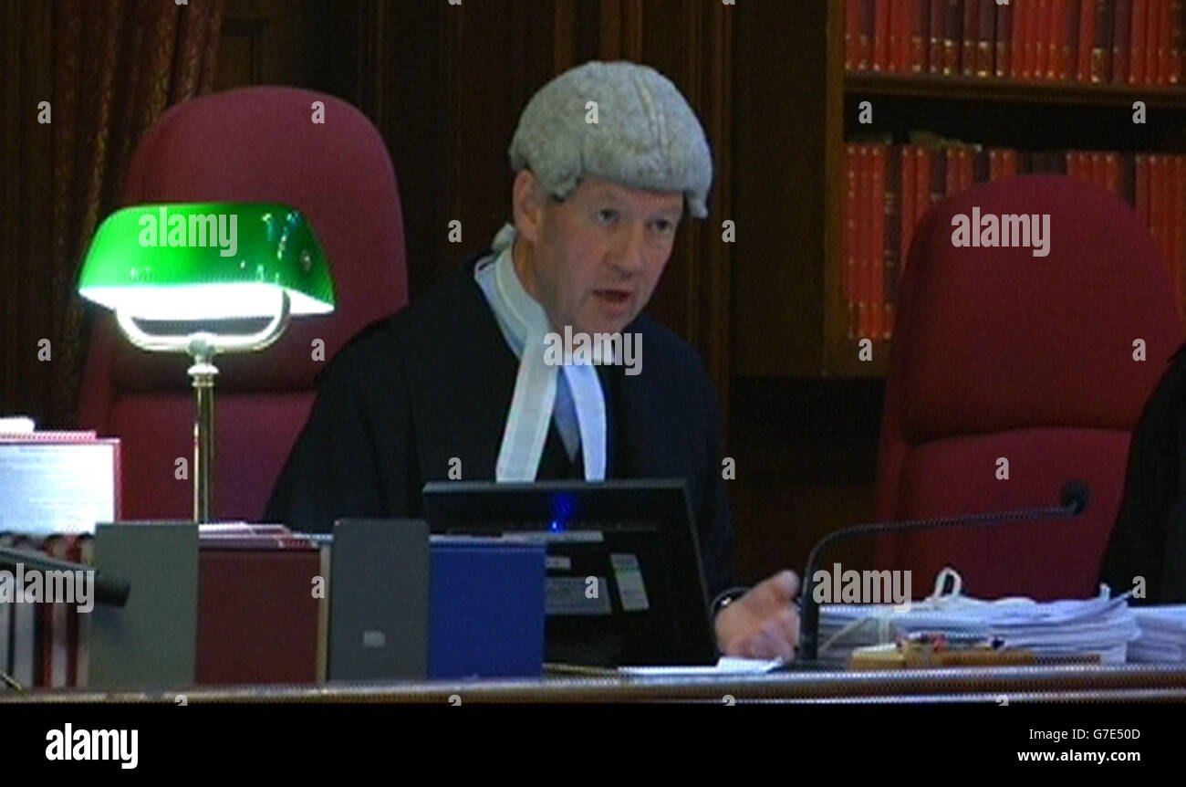 EDITORIAL USE ONLY A still taken from a video feed of Lord Justice Treacy during the filming of Max Clifford's appeal hearing in the Court of Appeal, London, as the three Court of Appeal judges said they would give their decision in his case at a later date after they heard argument on his behalf against his 'too long' prison term. Stock Photo