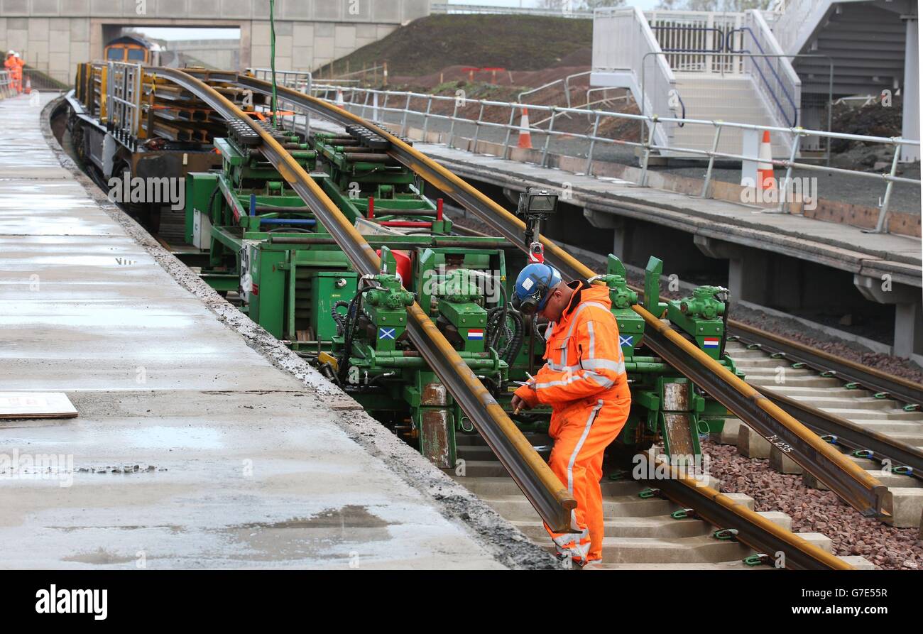 New rail tracks are installed at Shawfair station, using a new state of